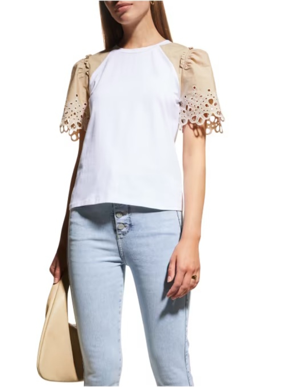 Veronica Beard Briana Tee XS White Khaki Eyelet Puff Sleeve Embroidered